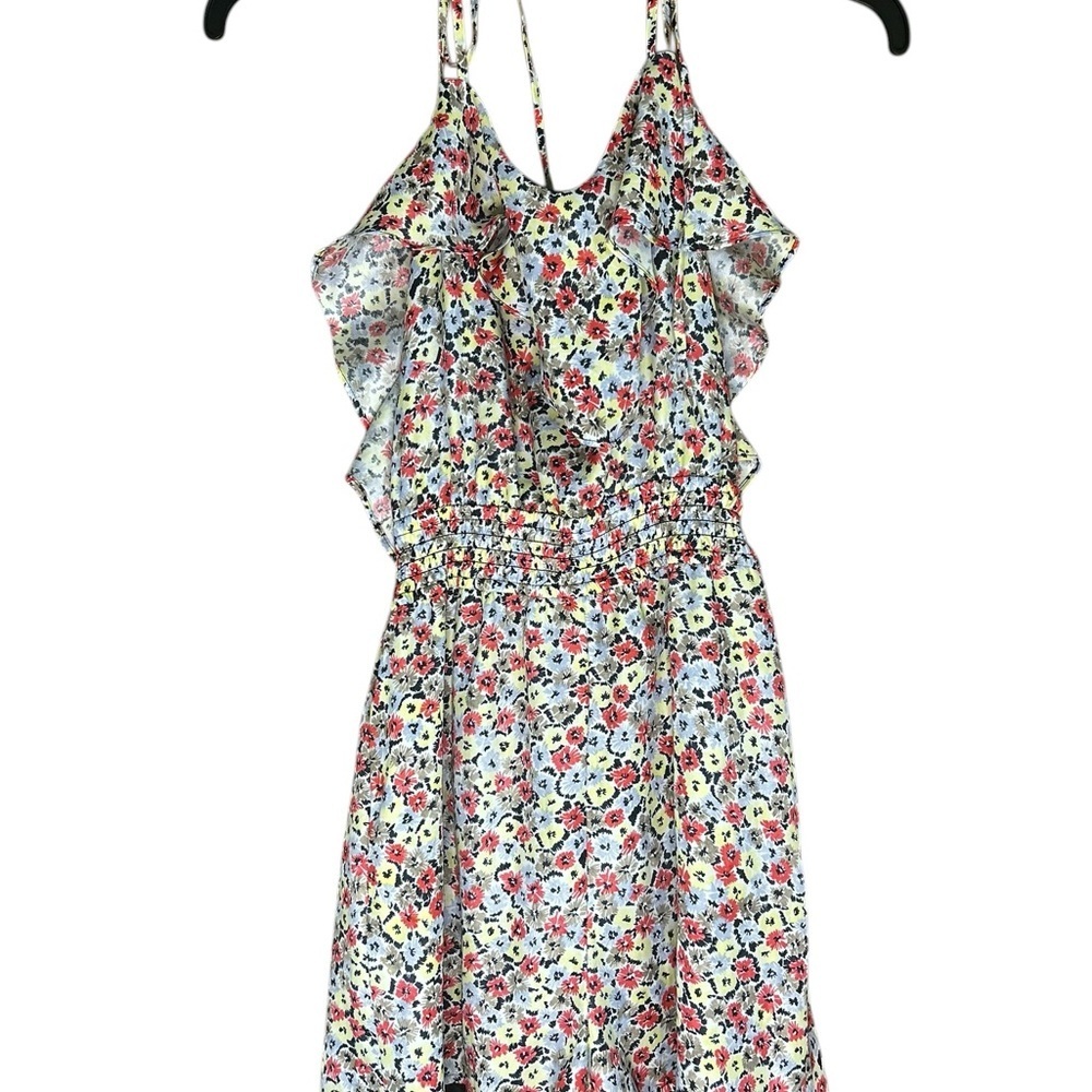 BCBGeneration Floral Halter Romper Womens Small Boho Ruffle Open Shoulder